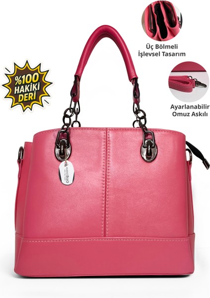 Kadın Siyah Hakiki Deri El ve Omuz Çantası Zincir Detaylı