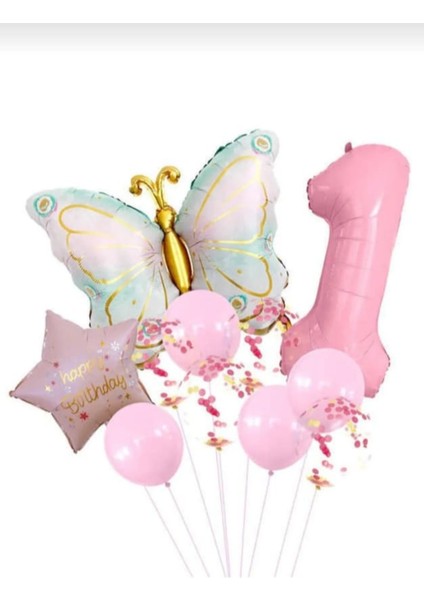 Pembe Retro Kelebek Yaş Folyolu Pembe Yıldızlı Doğum Günü Parti Seti Süsü