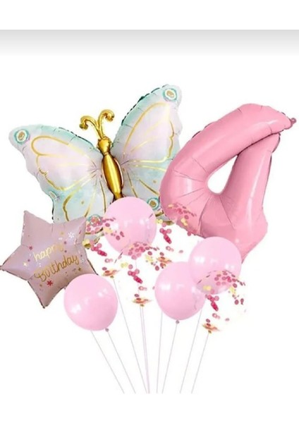 Pembe Retro Kelebek Yaş Folyolu Pembe Yıldızlı Doğum Günü Parti Seti Süsü modelleri