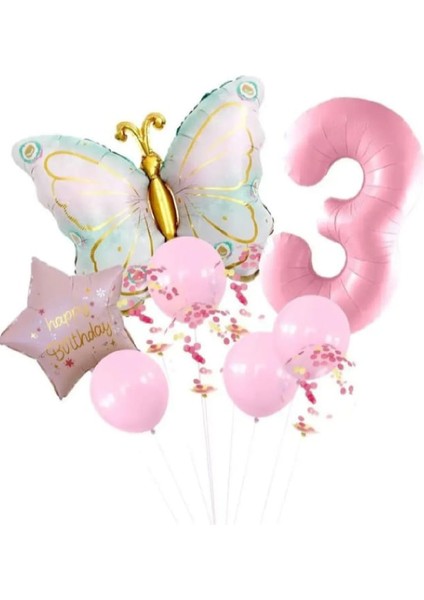 Pembe Retro Kelebek Yaş Folyolu Pembe Yıldızlı Doğum Günü Parti Seti Süsü