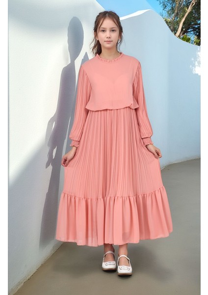 Genç Kız/çocuk Uzun Pliseli Pamuklu Şifon Tesettür ELBISE-ELB-2045 fiyatları