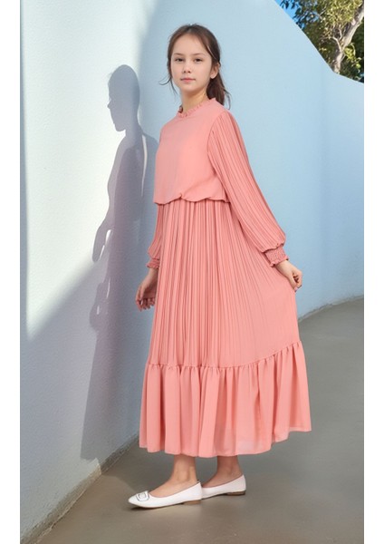 Genç Kız/çocuk Uzun Pliseli Pamuklu Şifon Tesettür ELBISE-ELB-2045 fırsatları