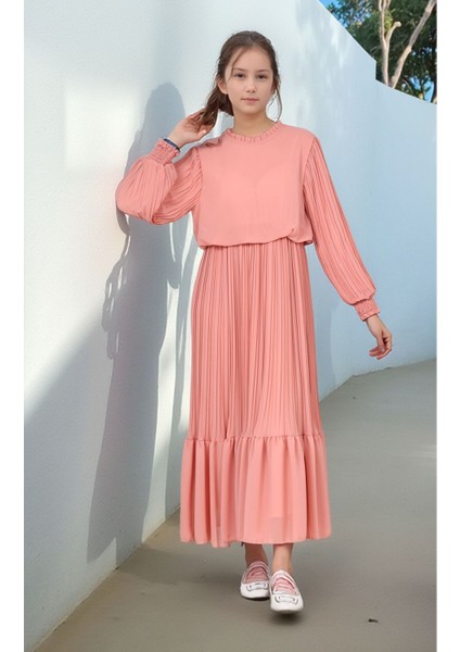 Genç Kız/çocuk Uzun Pliseli Pamuklu Şifon Tesettür ELBISE-ELB-2045 indirimleri