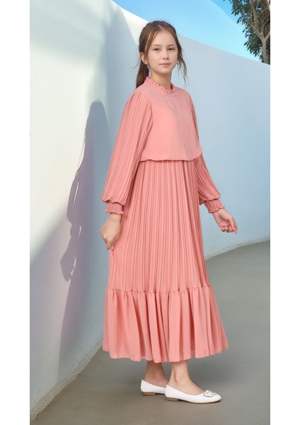 Genç Kız/çocuk Uzun Pliseli Pamuklu Şifon Tesettür ELBISE-ELB-2045