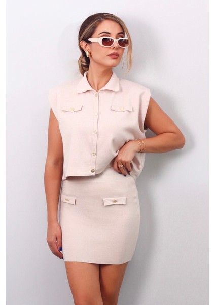 Kadın Sole Bej Gold Düğme Detay Alt Üst Triko Etek Takım