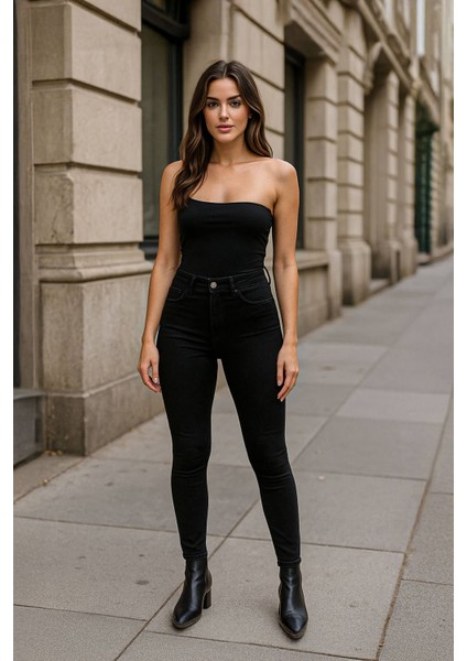 Kadın Yüksek Bel Dar Paça Skinny Fit Antrasit Jean Pantolon