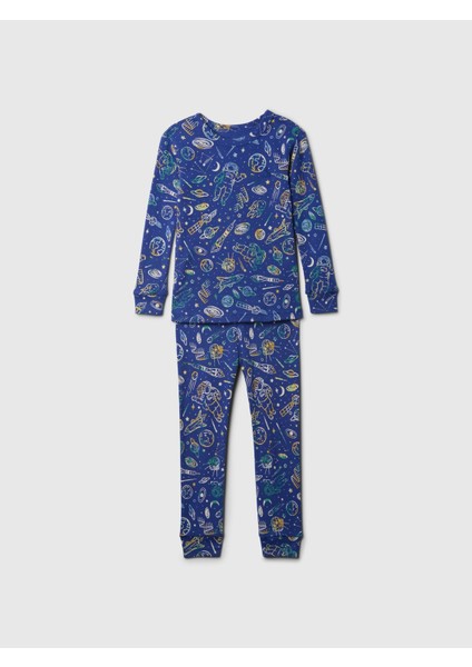 Bebek Mavi %100 Organik Pamuk Desenli Pijama Takımı