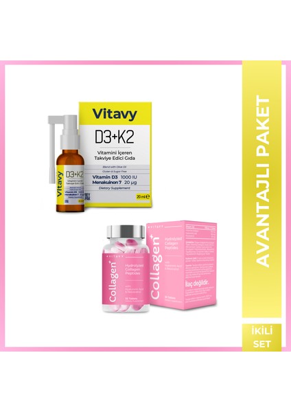 Collagen & Hyaluronic Acid & Resveratrol ve D3K2 Vitamini Sprey 20 ml 2'li Set