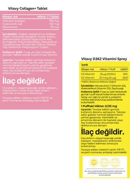Collagen & Hyaluronic Acid & Resveratrol ve D3K2 Vitamini Sprey 20 ml 2'li Set