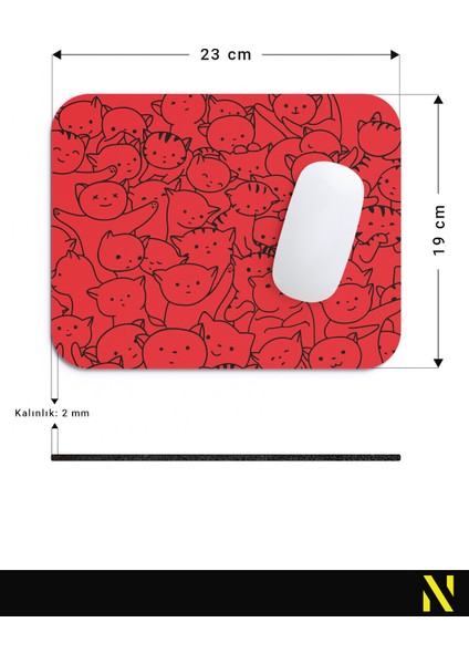 Sevimli Kediler Siyah Kırmızı Renkli Ergonomik Mouse Pad - 23 cm x 19 cm - Kaydırmaz Taban Ev ve Ofis Kullanımı Için Ideal Fare Altlığı Mousepad