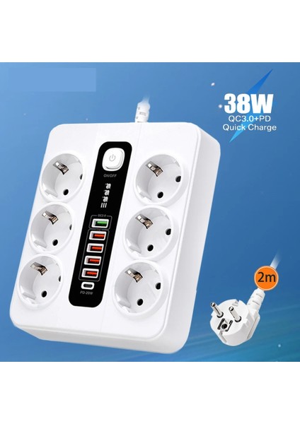 6 Adet Akıllı Bkl Priz Akım Korumalı, 5 USB ve 1 Type-C Pd 20W Bağlantılı 2 Metre Kablolu