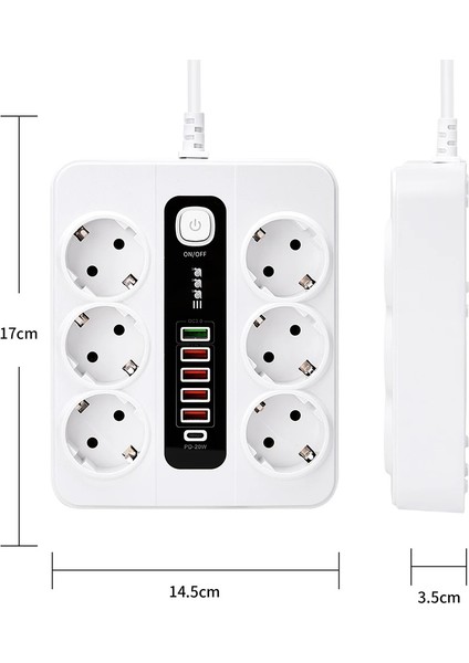 6 Adet Akıllı Bkl Priz Akım Korumalı, 5 USB ve 1 Type-C Pd 20W Bağlantılı 2 Metre Kablolu fiyatları