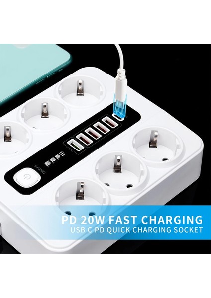 6 Adet Akıllı Bkl Priz Akım Korumalı, 5 USB ve 1 Type-C Pd 20W Bağlantılı 2 Metre Kablolu fırsatları