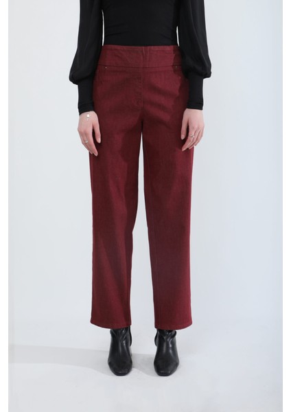 Kadın Beli Lastikli Likralı Esnek Jean Pantolon Bordo
