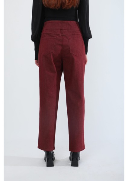 Kadın Beli Lastikli Likralı Esnek Jean Pantolon Bordo