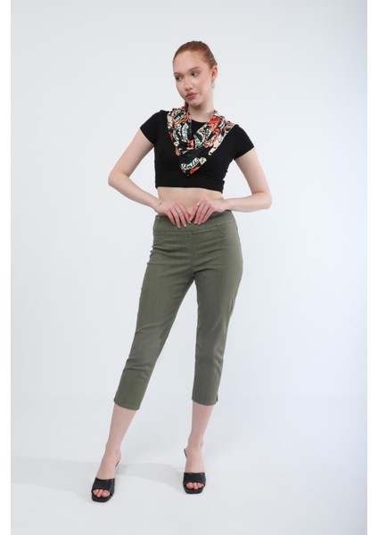 Kadın Beli Lastikli Likralı Esnek Jean Pantolon Haki modelleri