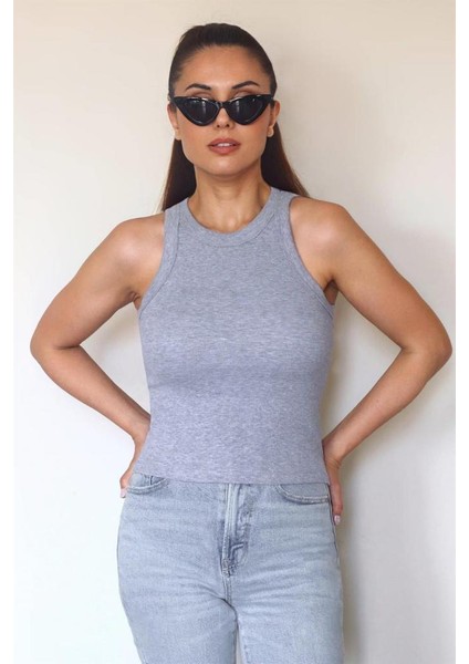 Kadın Premium Doku Duman Gri Fitilli Pamuklu Atlet