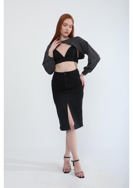 Önden Yırtmaçlı Likralı Midi Jean Etek modelleri