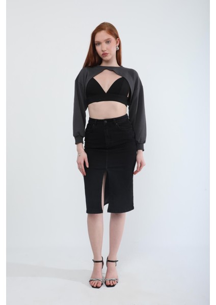 Önden Yırtmaçlı Likralı Midi Jean Etek fırsatları