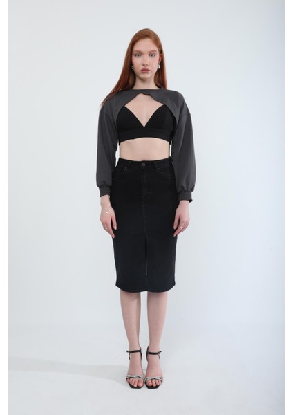 Önden Yırtmaçlı Likralı Midi Jean Etek indirimleri