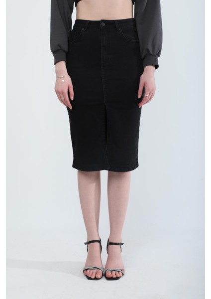 Önden Yırtmaçlı Likralı Midi Jean Etek