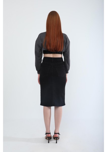 Önden Yırtmaçlı Likralı Midi Jean Etek