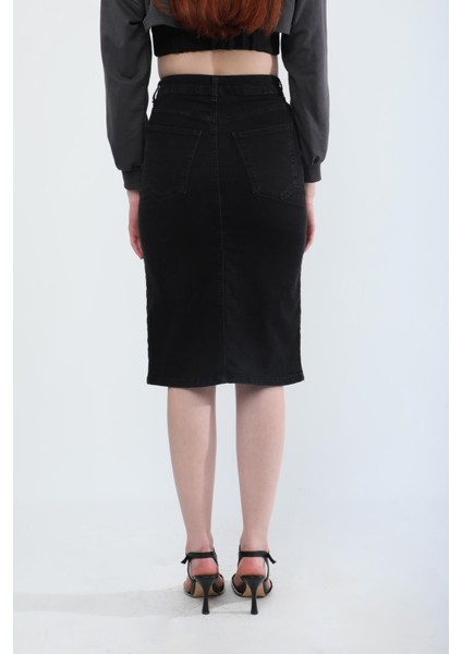 Önden Yırtmaçlı Likralı Midi Jean Etek