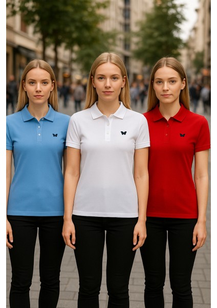Kadın 3 Lü Paket Yazlık Basic Düz Polo Yaka Tişört