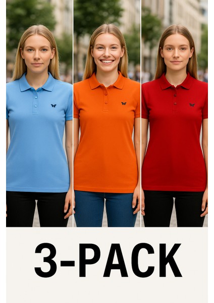 Kadın 3 Lü Paket Yazlık Basic Düz Polo Yaka Tişört