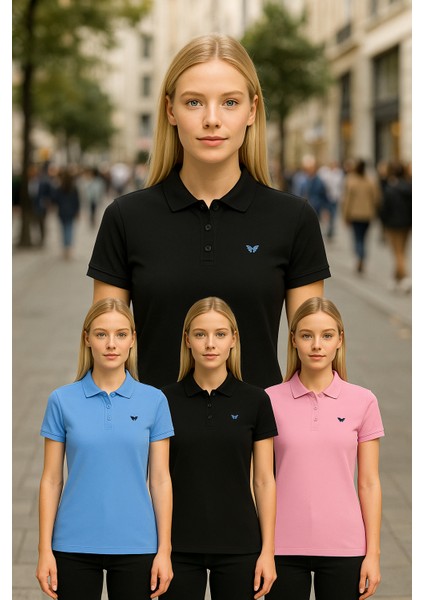 Kadın 3 Lü Paket Yazlık Basic Düz Polo Yaka Tişört