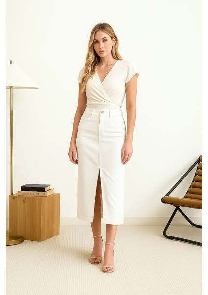 Önden Yırtmaçlı Likralı Midi Etek