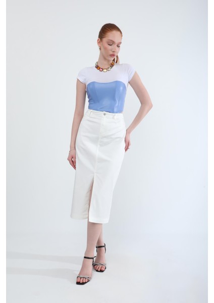 Önden Yırtmaçlı Likralı Midi Etek indirimleri