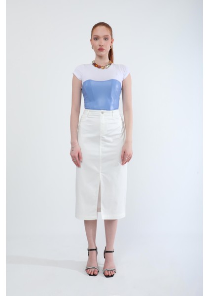 Önden Yırtmaçlı Likralı Midi Etek