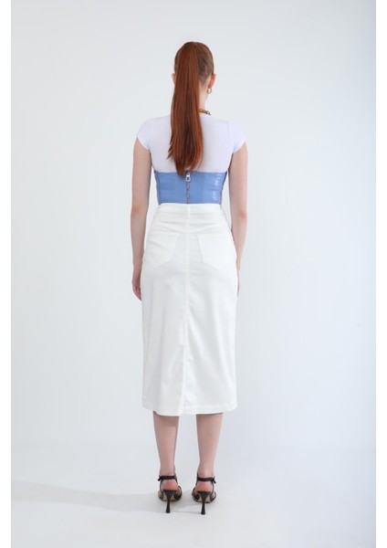 Önden Yırtmaçlı Likralı Midi Etek