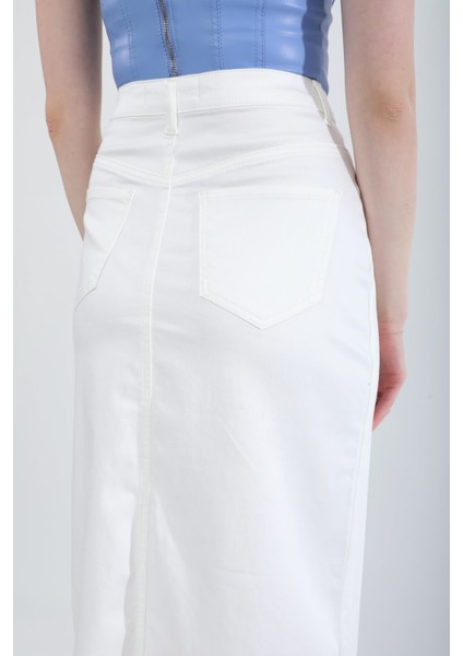 Önden Yırtmaçlı Likralı Midi Etek