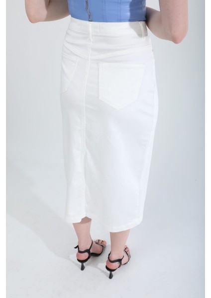 Önden Yırtmaçlı Likralı Midi Etek