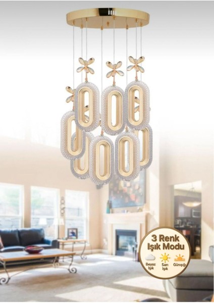 Alfa LED 8'li Gold 3 Renk Modu Ledli Kristal Taşlı Modern LED Avize