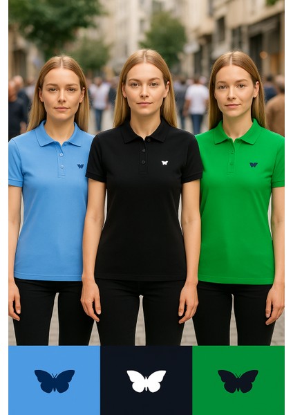 Kadın 3 Lü Paket Yazlık Basic Düz Polo Yaka Tişört