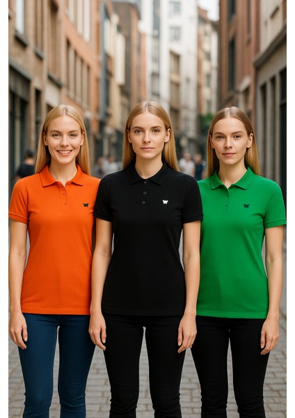 Kadın 3 Lü Paket Yazlık Basic Düz Polo Yaka Tişört