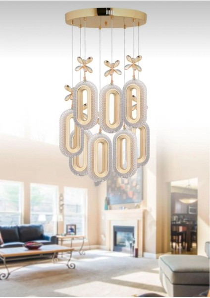 Alfa LED 8'li Gold 3 Renk Modu Ledli Kristal Taşlı Modern LED Avize modelleri