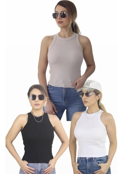 Kadın 3'lü Premium Pamuklu Fitilli Atlet Beyaz, Siyah, Bej