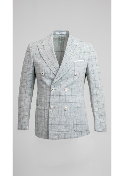 Yeşil Kareli Slim Fit Erkek Kruvaze Ceket
