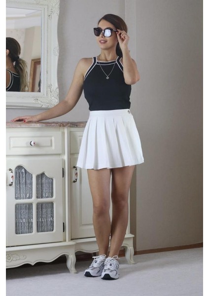 Kadın Ekru Tok Doku Pileli Şort Etek modelleri