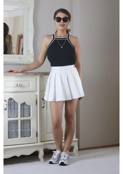 Kadın Ekru Tok Doku Pileli Şort Etek fırsatları