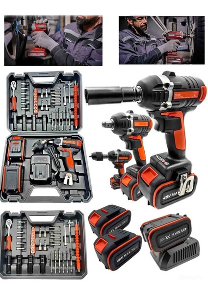 48V Çift Pilli Şarjlı Bijon Somun Sökme Sıkma Darbeli Kömürsüz Motor, Matkap Uçlu Set