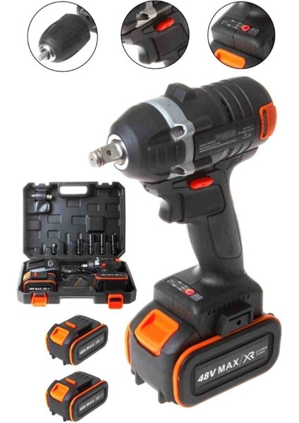 48V Çift Pilli Şarjlı Bijon Somun Sökme Sıkma Darbeli Kömürsüz Motor, Matkap Uçlu Set indirimleri