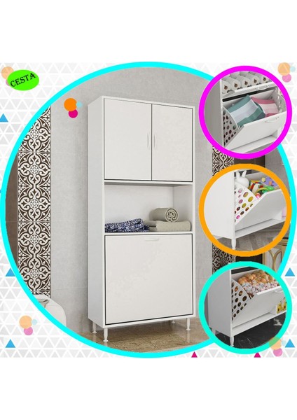 75 x 165 x 30 cm ARD-141 2 Kapaklı 2 Bölmeli Sepet Raflı Banyo Dolabı Kirli Çamaşır Dolabı