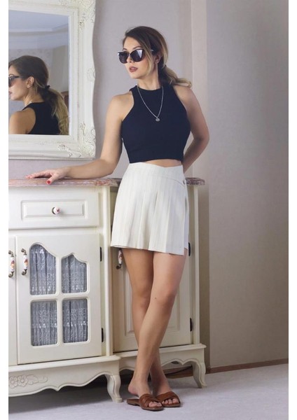 Kadın Krem Lacivert Çizgili Şort Etek fiyatları