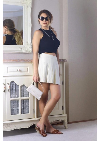 Kadın Krem Lacivert Çizgili Şort Etek fırsatları