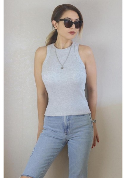 Kadın Premium Doku Gri Fitilli Pamuklu Atlet